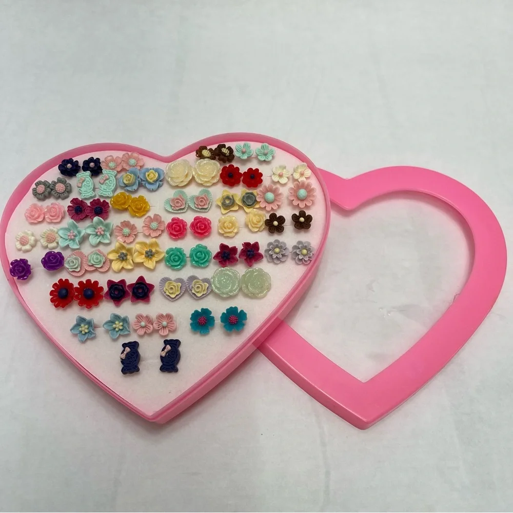Kids Valentines Flowers Earrings Set Plastic Stud, Gift Boxed (36 Pairs) - Picture 2 of 6